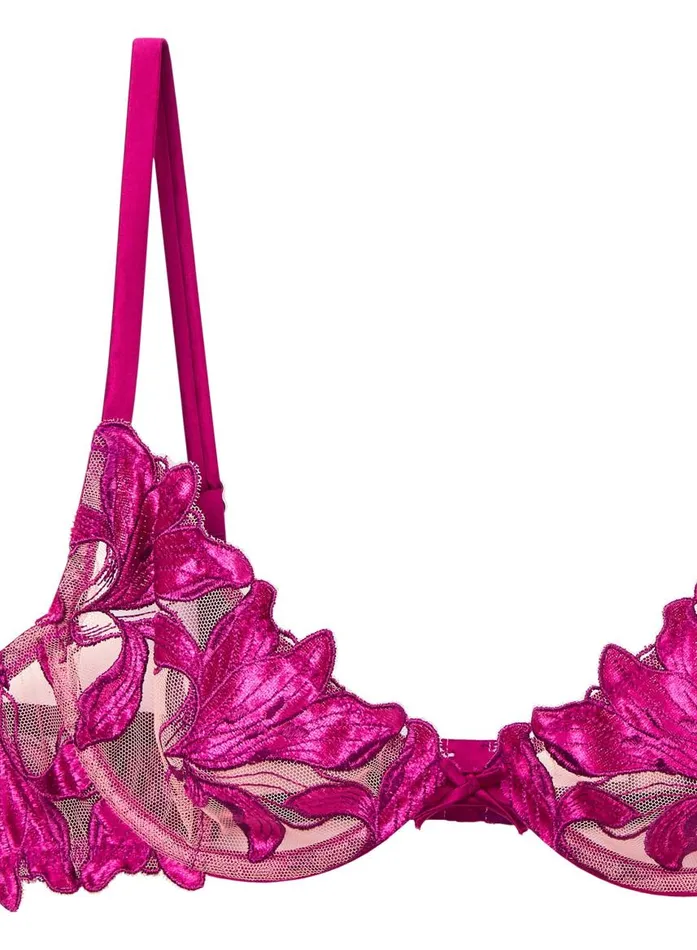 Fleur Du Mal Underwire Bras Women Lily Embroidery Plunge Demi Bra Magenta Velvet Fleur Du Mal Underwire Bras Women Lily Embroidery Plunge Demi Bra Magenta Velvet
