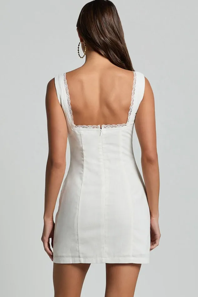 Flynn Mini Dress 8211 Lace Trim Square Neck Tie Front Dress In Ivory Women Showpo Conscious