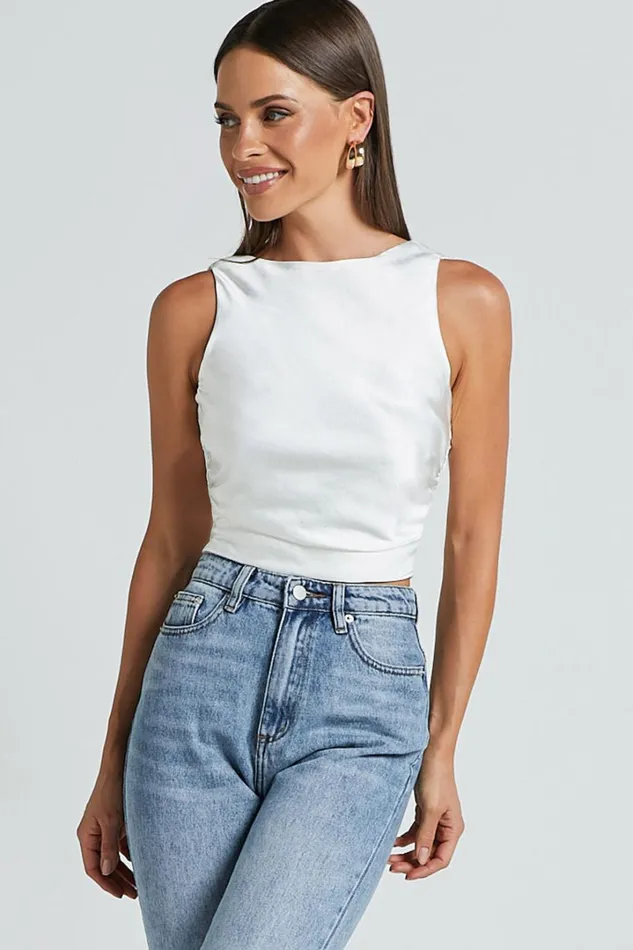 Franca Top 8211 Boat Neck Ruched Bodice Tie Back Satin Top In Oyster Women Showpo Tops