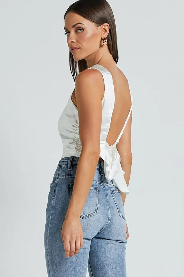 Franca Top 8211 Boat Neck Ruched Bodice Tie Back Satin Top In Oyster Women Showpo Tops