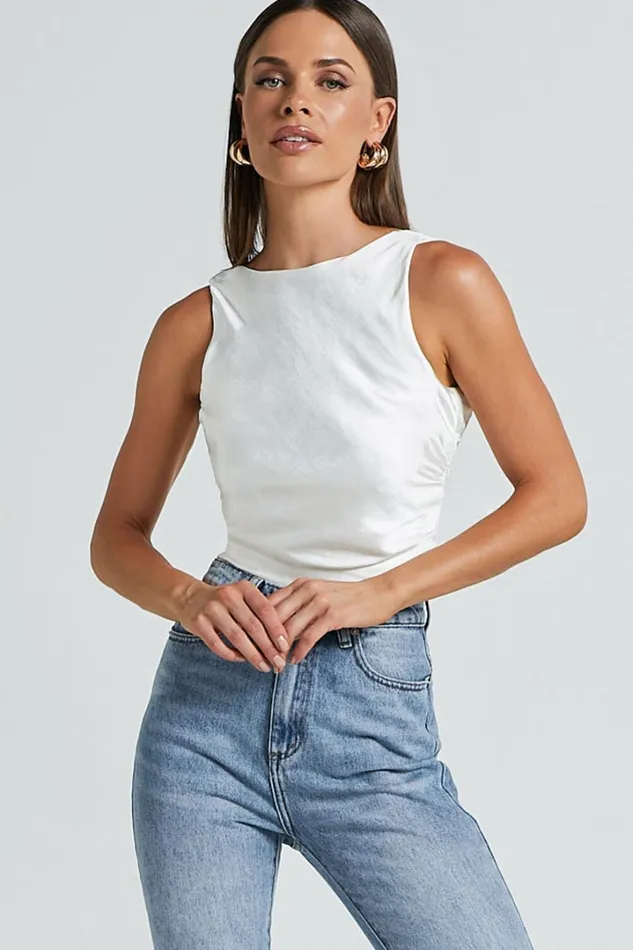 Franca Top 8211 Boat Neck Ruched Bodice Tie Back Satin Top In Oyster Women Showpo Tops