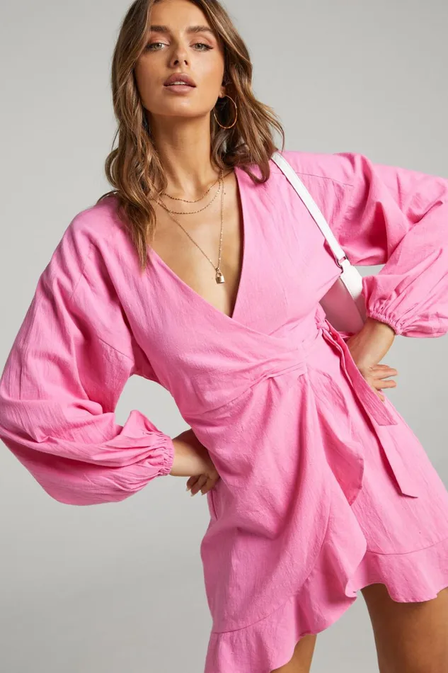 Francoise Mini Dress 8211 Long Sleeve Wrap Dress In Pink Women Showpo Dresses