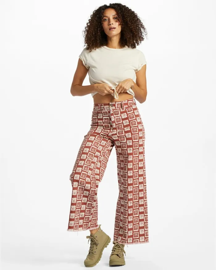 Free Fall Print Wide Leg Pants Deep Sienna Women Billabong Denim