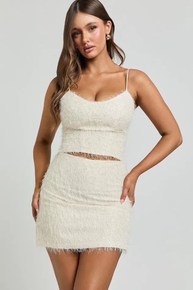 Frida Top 8211 Strappy Fluffy Cami Crop Top In Cream Women Showpo Tops