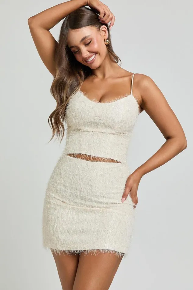 Frida Top 8211 Strappy Fluffy Cami Crop Top In Cream Women Showpo Tops