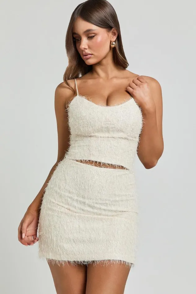 Frida Top 8211 Strappy Fluffy Cami Crop Top In Cream Women Showpo Tops
