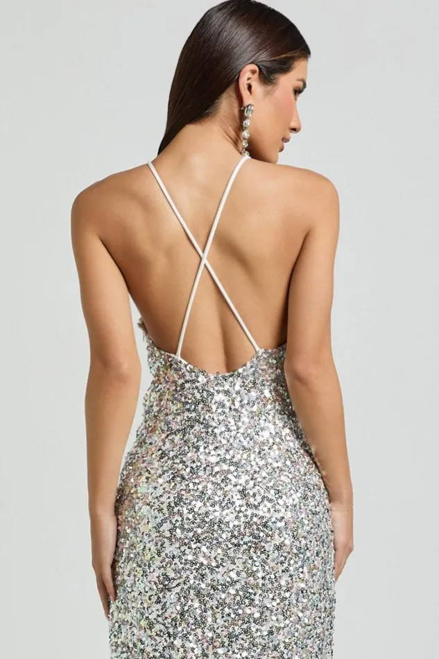 Frieda Maxi Dress 8211 Halter Neck Cross Back Sequin Dress In Rainbow Silver Women Showpo Dresses