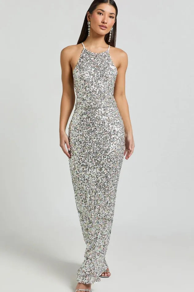 Frieda Maxi Dress 8211 Halter Neck Cross Back Sequin Dress In Rainbow Silver Women Showpo Dresses
