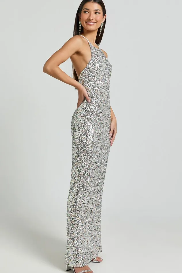 Frieda Maxi Dress 8211 Halter Neck Cross Back Sequin Dress In Rainbow Silver Women Showpo Dresses