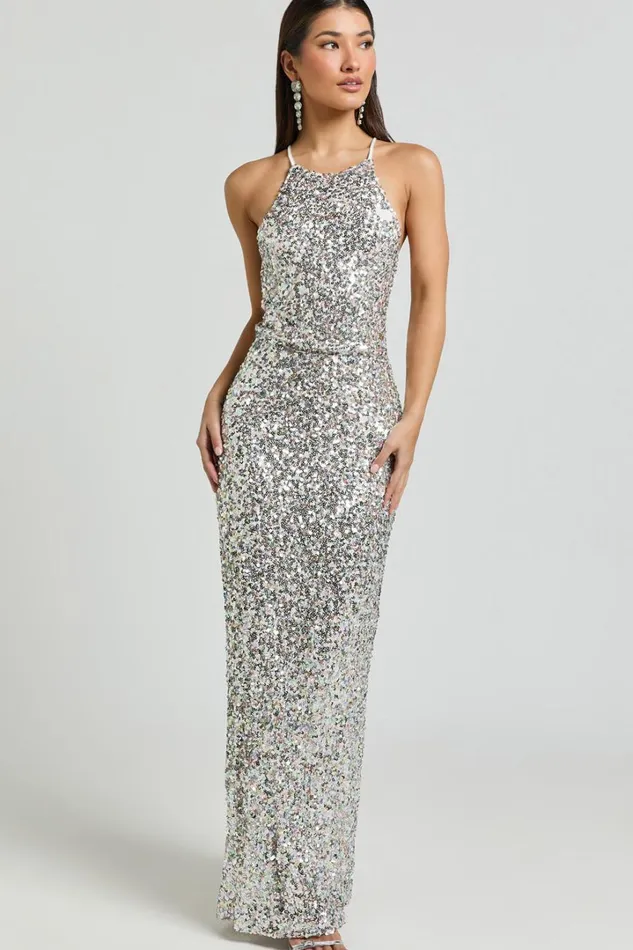 Frieda Maxi Dress 8211 Halter Neck Cross Back Sequin Dress In Rainbow Silver Women Showpo Dresses