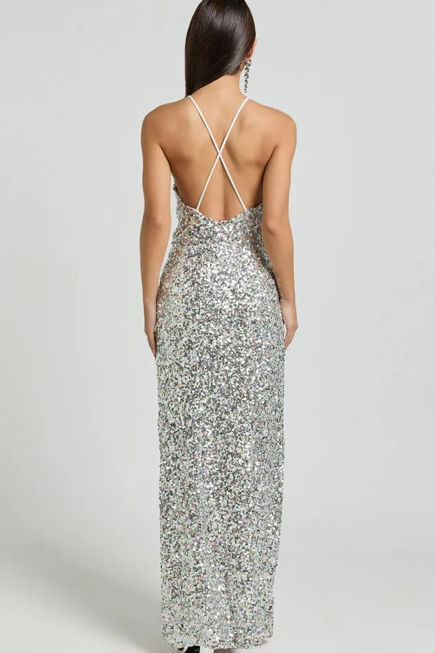 Frieda Maxi Dress 8211 Halter Neck Cross Back Sequin Dress In Rainbow Silver Women Showpo Dresses