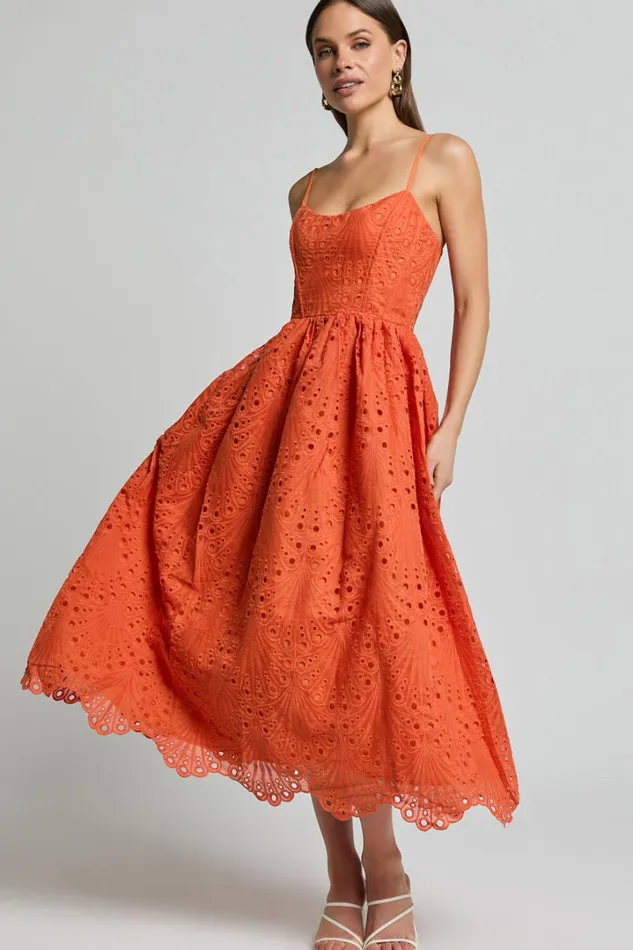 Gabriella Midi Dress 8211 Strappy Gathered Skirt Embroidered Dress In Orange Women Showpo Dresses
