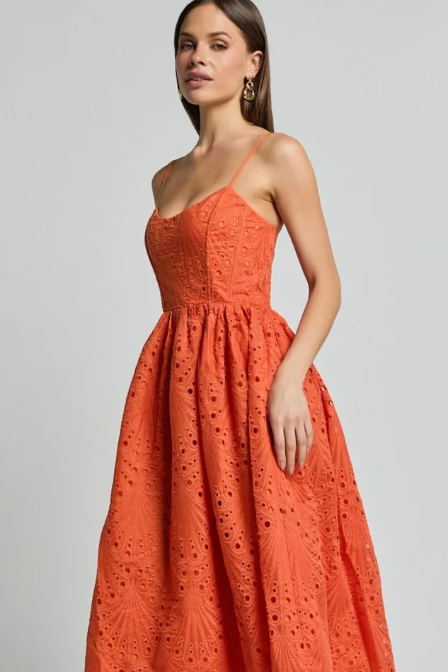 Gabriella Midi Dress 8211 Strappy Gathered Skirt Embroidered Dress In Orange Women Showpo Dresses