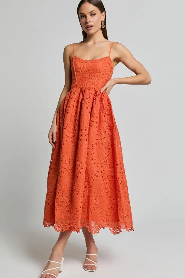 Gabriella Midi Dress 8211 Strappy Gathered Skirt Embroidered Dress In Orange Women Showpo Dresses