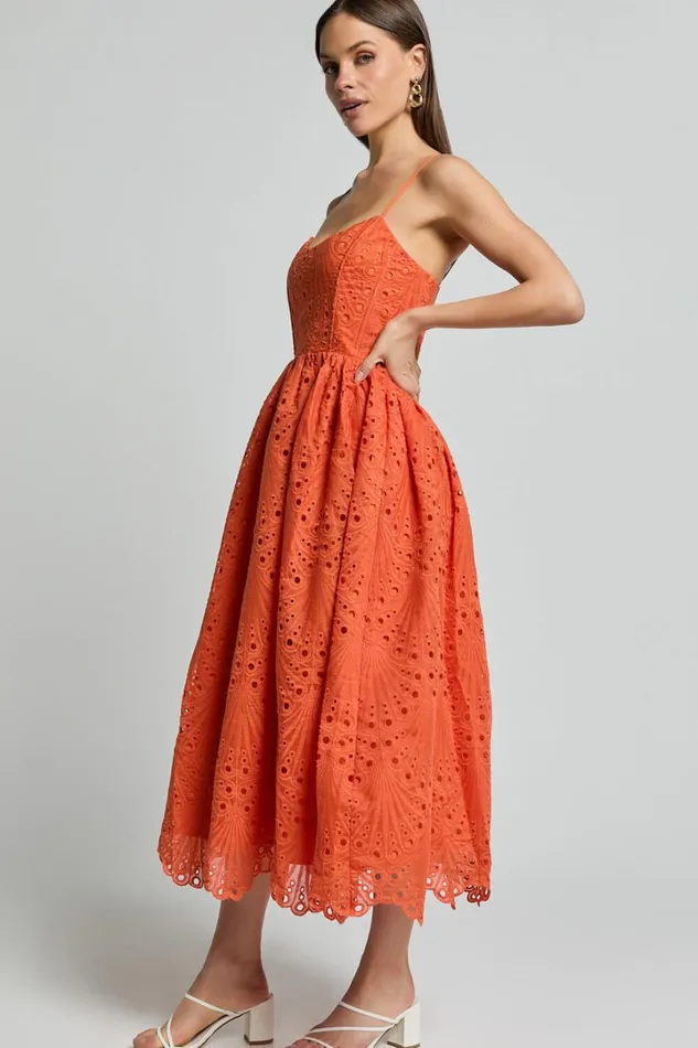 Gabriella Midi Dress 8211 Strappy Gathered Skirt Embroidered Dress In Orange Women Showpo Dresses