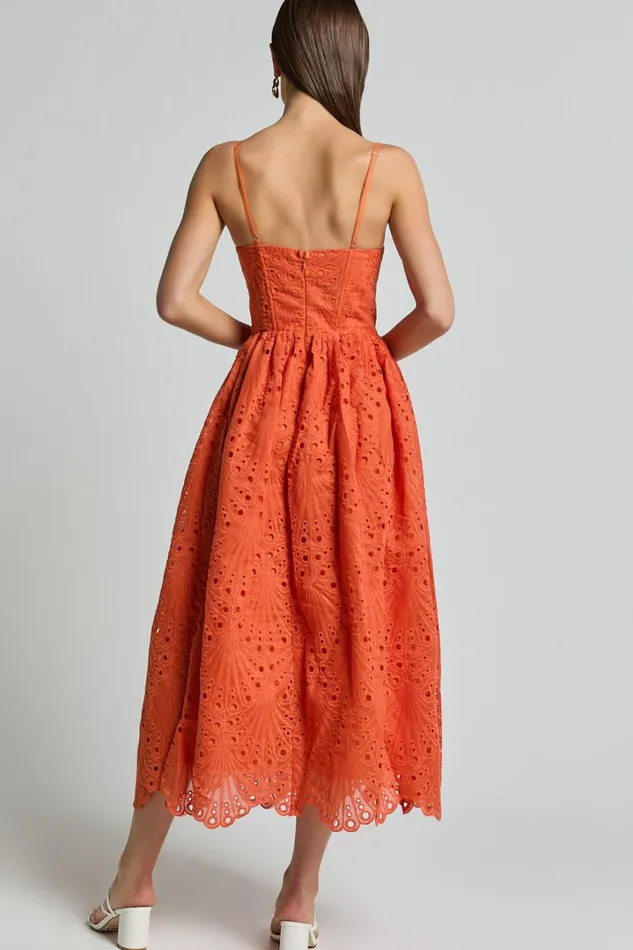Gabriella Midi Dress 8211 Strappy Gathered Skirt Embroidered Dress In Orange Women Showpo Dresses