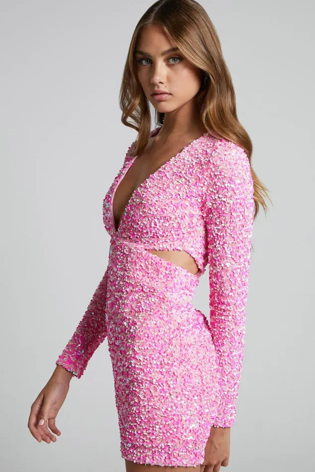 Gabriella Mini Dress 8211 Plunge Long Sleeve Cut Out Sequin Dress In Pink Sequin Women Showpo Dresses