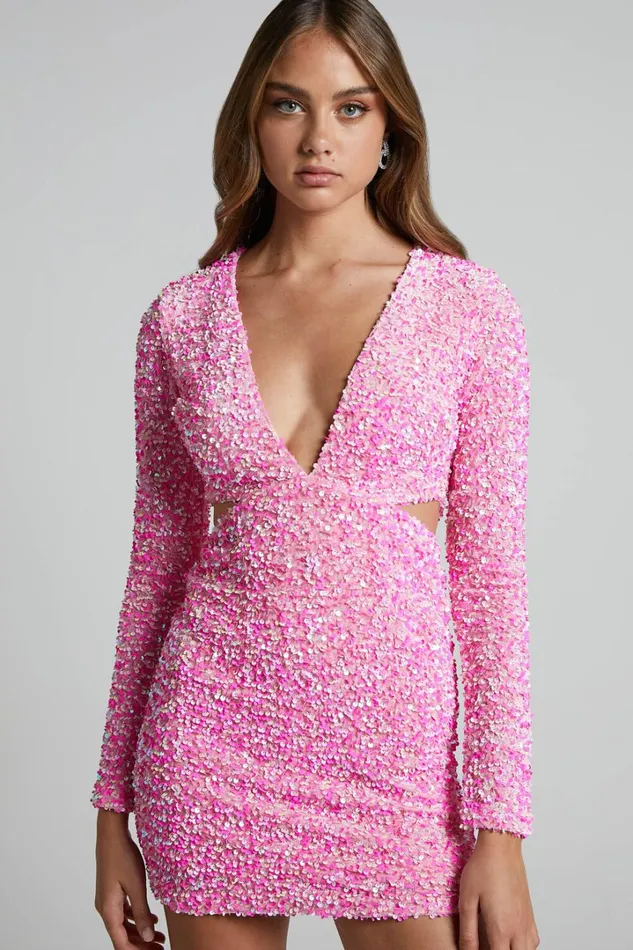 Gabriella Mini Dress 8211 Plunge Long Sleeve Cut Out Sequin Dress In Pink Sequin Women Showpo Dresses