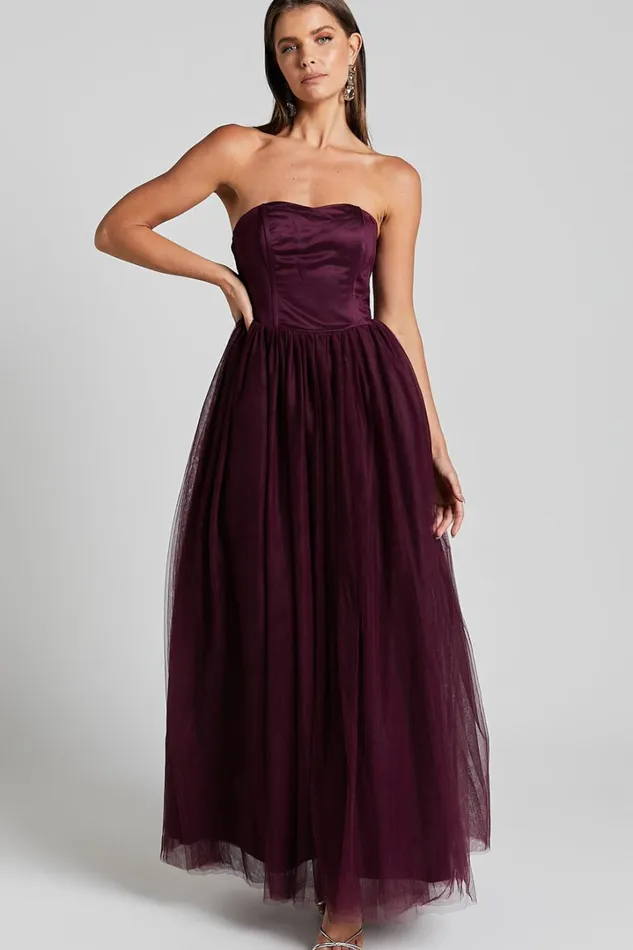 Gemma Maxi Dress 8211 Strapless Sweetheart Tulle Fit and Flare In Aubergine Women Showpo Dresses