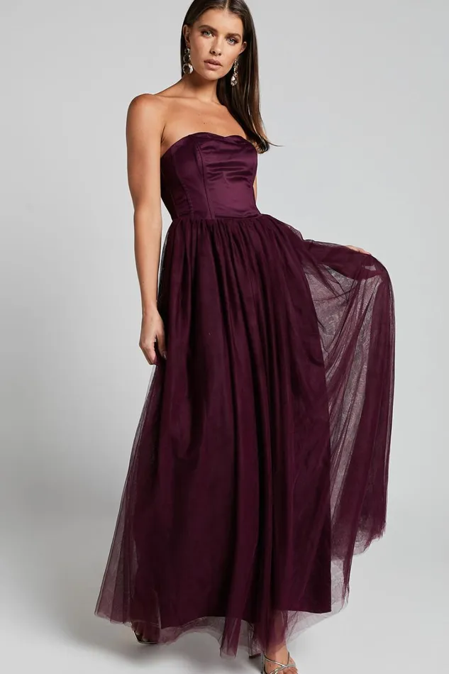 Gemma Maxi Dress 8211 Strapless Sweetheart Tulle Fit and Flare In Aubergine Women Showpo Dresses
