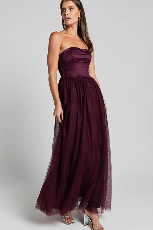 Gemma Maxi Dress 8211 Strapless Sweetheart Tulle Fit and Flare In Aubergine Women Showpo Dresses