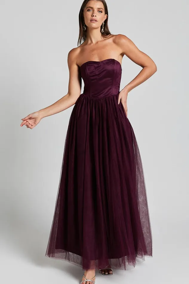 Gemma Maxi Dress 8211 Strapless Sweetheart Tulle Fit and Flare In Aubergine Women Showpo Dresses
