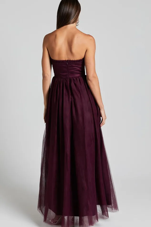 Gemma Maxi Dress 8211 Strapless Sweetheart Tulle Fit and Flare In Aubergine Women Showpo Dresses