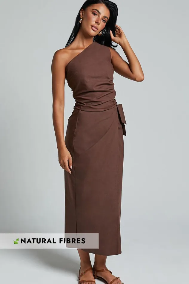 Genna Midi Skirt 8211 Linen Look Wrap Skirt In Chocolate Women Showpo Conscious