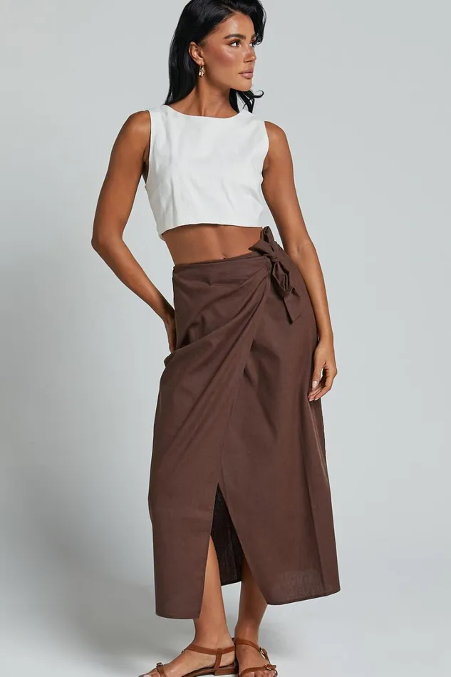 Genna Midi Skirt 8211 Linen Look Wrap Skirt In Chocolate Women Showpo Conscious