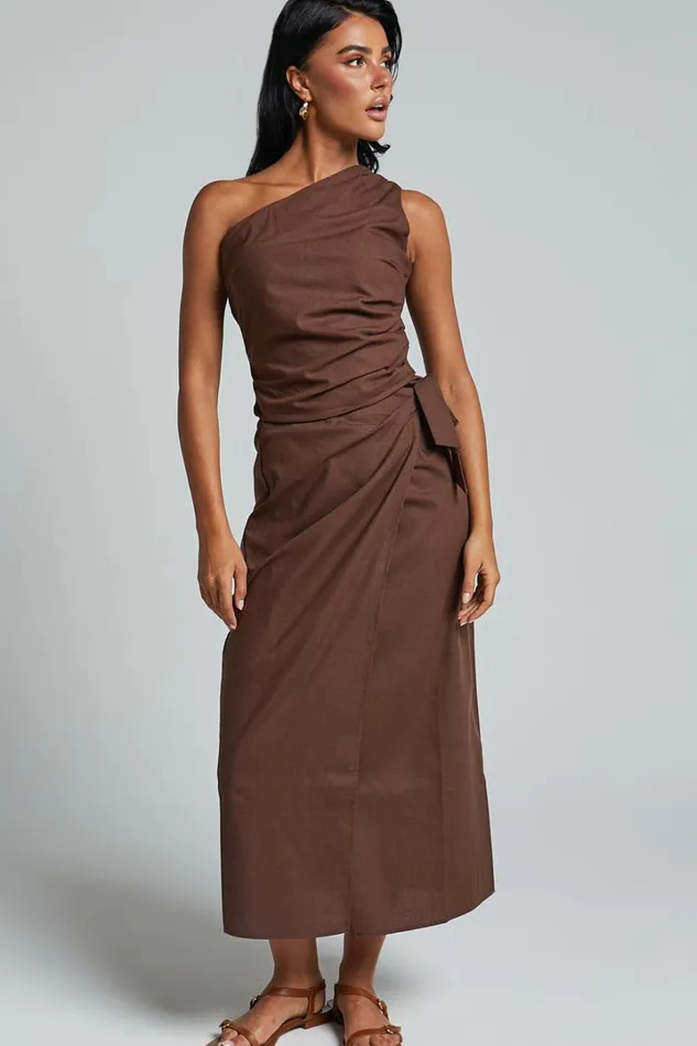 Genna Midi Skirt 8211 Linen Look Wrap Skirt In Chocolate Women Showpo Conscious