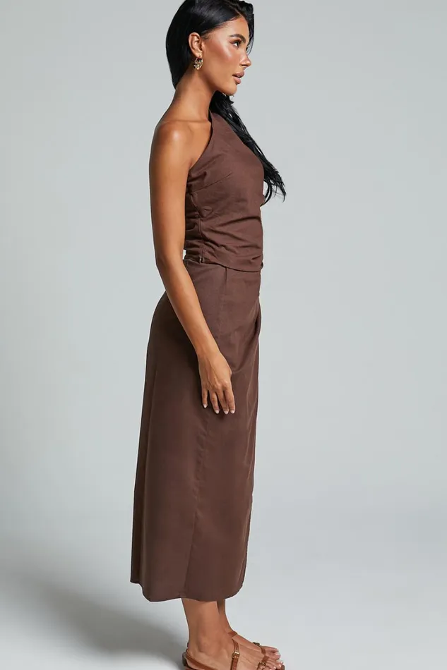 Genna Midi Skirt 8211 Linen Look Wrap Skirt In Chocolate Women Showpo Conscious