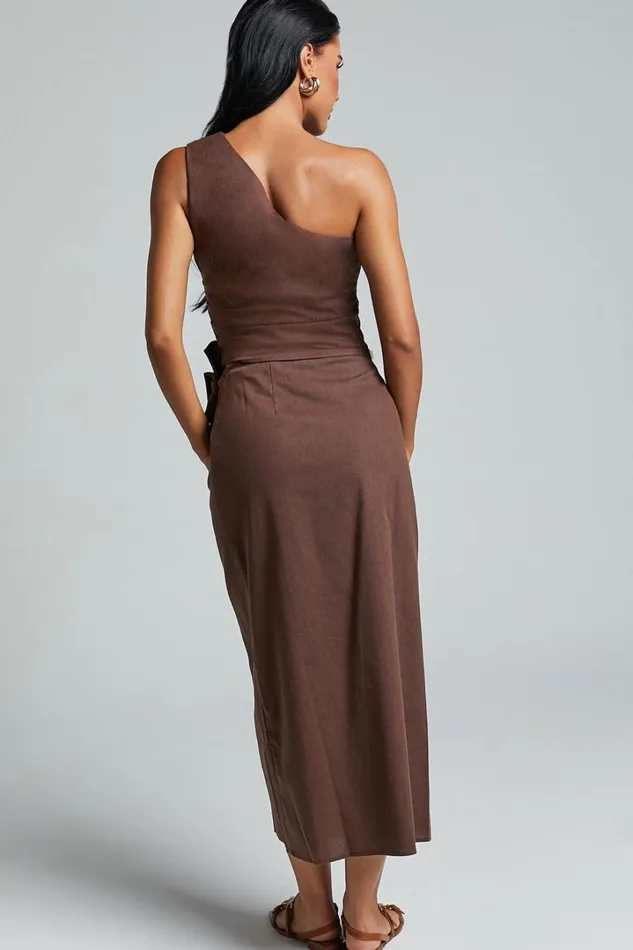 Genna Midi Skirt 8211 Linen Look Wrap Skirt In Chocolate Women Showpo Conscious