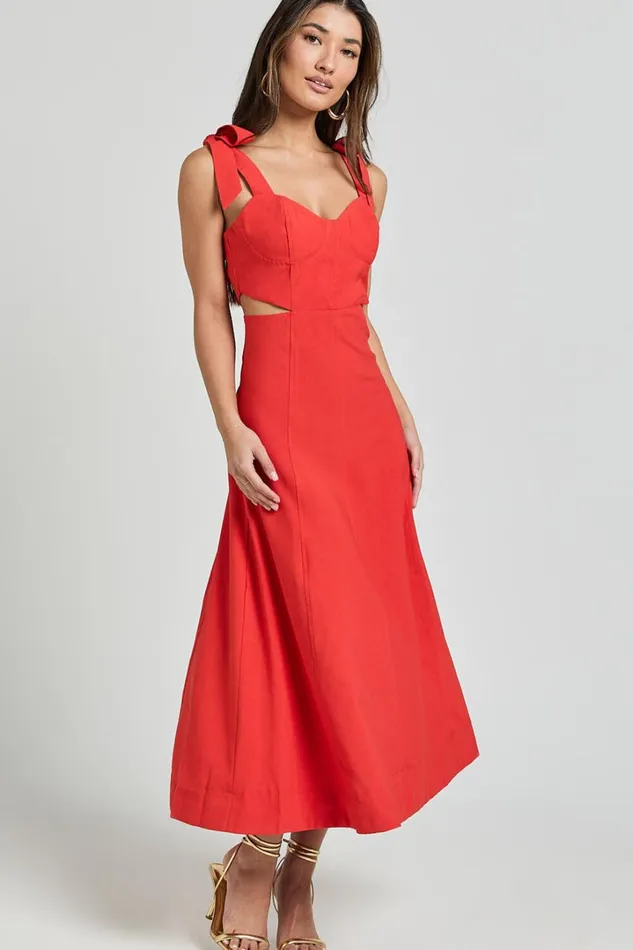 Giana Midi Dress 8211 Shoulder Tie Cut Out Thigh Split Dress In Red Women Showpo Dresses