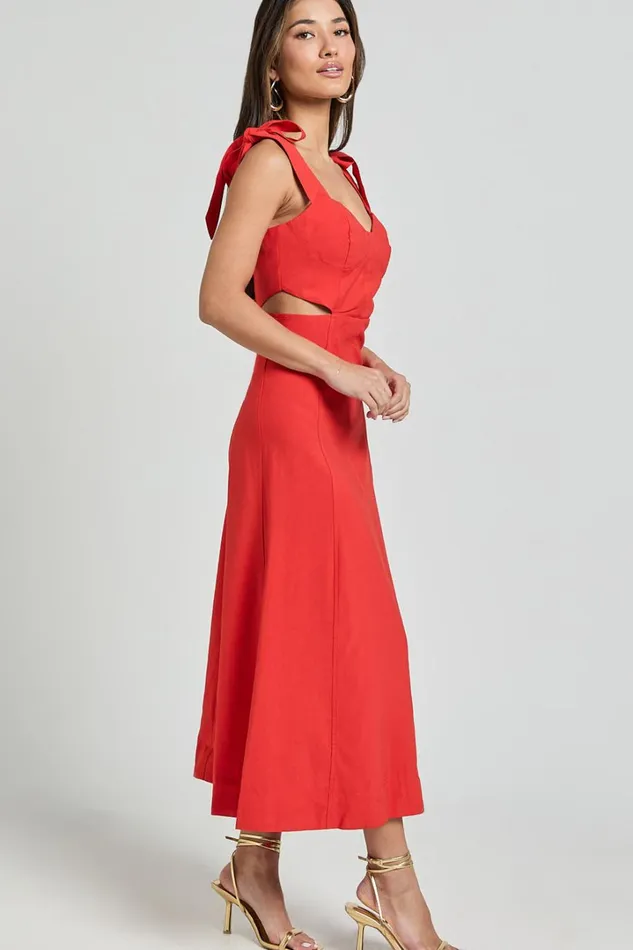 Giana Midi Dress 8211 Shoulder Tie Cut Out Thigh Split Dress In Red Women Showpo Dresses
