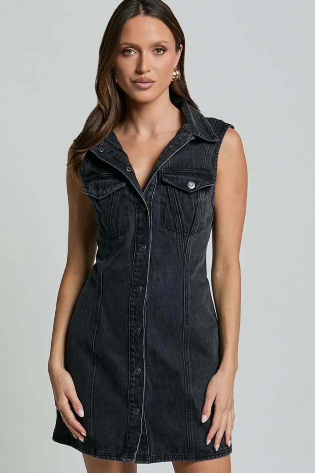 Gigie Mini Dress 8211 Button Front Collared Denim In Washed Black Women Showpo Denim