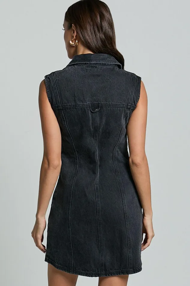 Gigie Mini Dress 8211 Button Front Collared Denim In Washed Black Women Showpo Denim