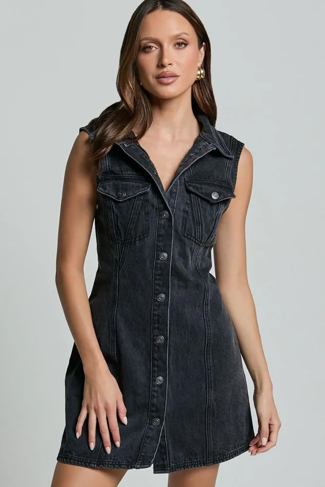Gigie Mini Dress 8211 Button Front Collared Denim In Washed Black Women Showpo Denim