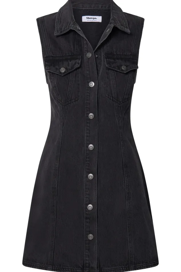 Gigie Mini Dress 8211 Button Front Collared Denim In Washed Black Women Showpo Denim