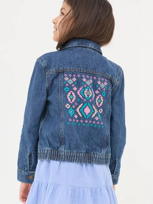 Girls Fatface Coats and Jackets Blue Embroidered Denim Jacket
