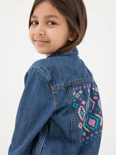 Girls Fatface Coats and Jackets Blue Embroidered Denim Jacket