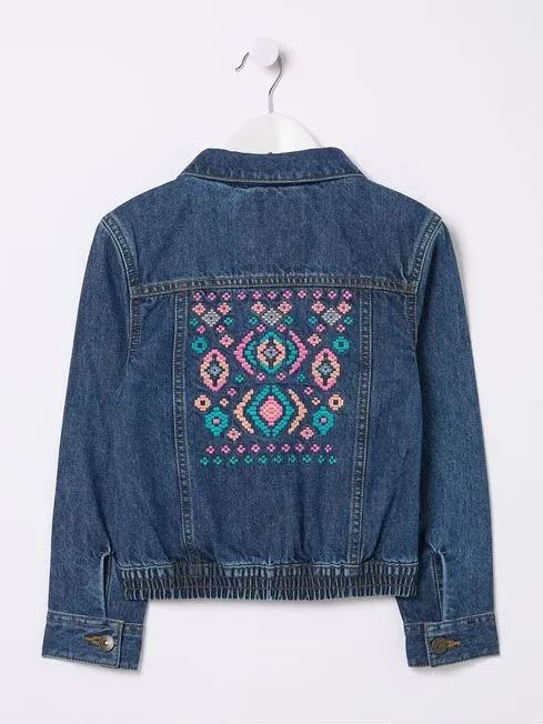 Girls Fatface Coats and Jackets Blue Embroidered Denim Jacket
