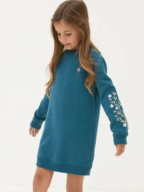 Girls Fatface Dresses Teal Blue Embroidered Sweat Dress