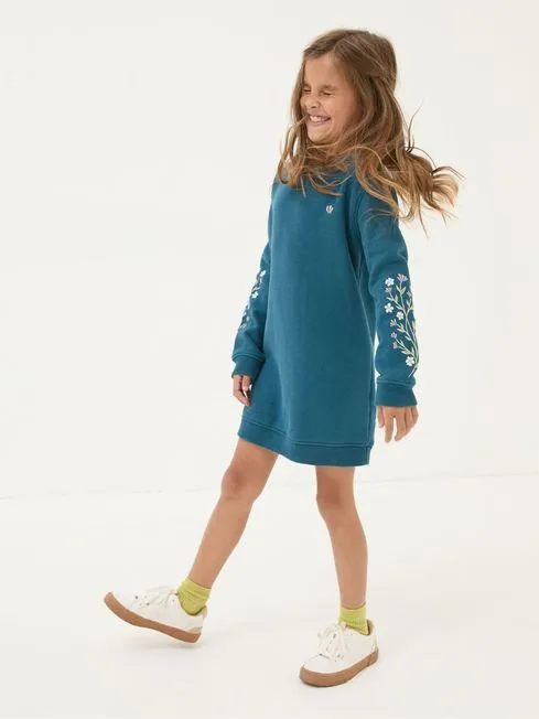 Girls Fatface Dresses Teal Blue Embroidered Sweat Dress Girls Fatface Dresses Teal Blue Embroidered Sweat Dress