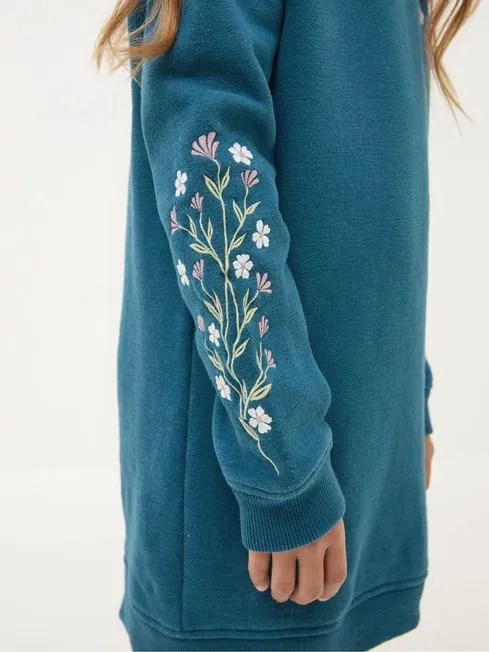 Girls Fatface Dresses Teal Blue Embroidered Sweat Dress Girls Fatface Dresses Teal Blue Embroidered Sweat Dress