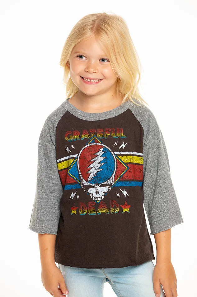 Girls Tops Chaser Brand Grateful Dead Skull Stripes Baseball Tee