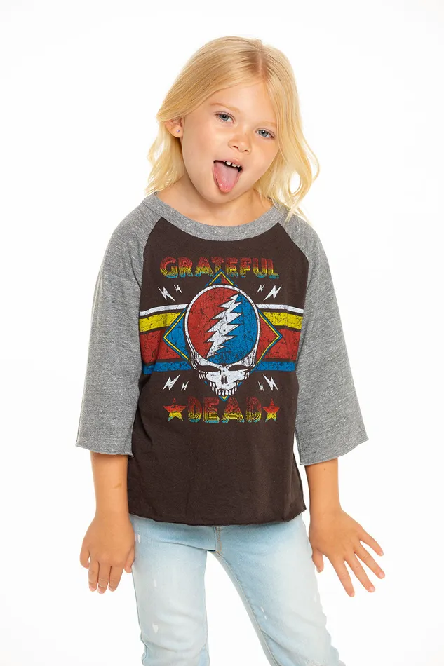 Girls Tops Chaser Brand Grateful Dead Skull Stripes Baseball Tee