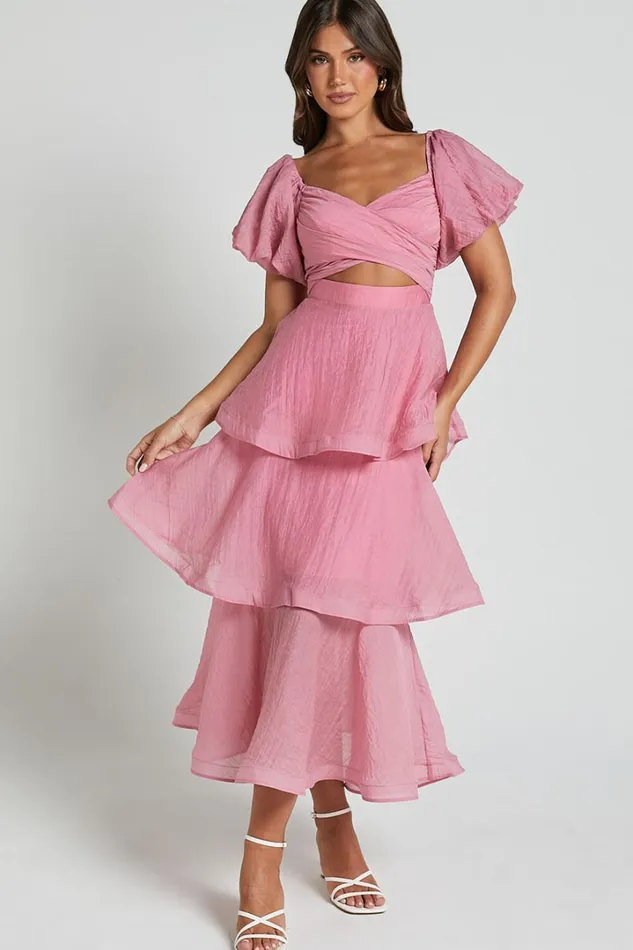 Giselle Midi Dress 8211 Short Puff Sleeve Front Cut Out Layered Dress In Pink Women Showpo Dresses Giselle Midi Dress 8211 Short Puff Sleeve Front Cut Out Layered Dress In Pink Women Showpo Dresses