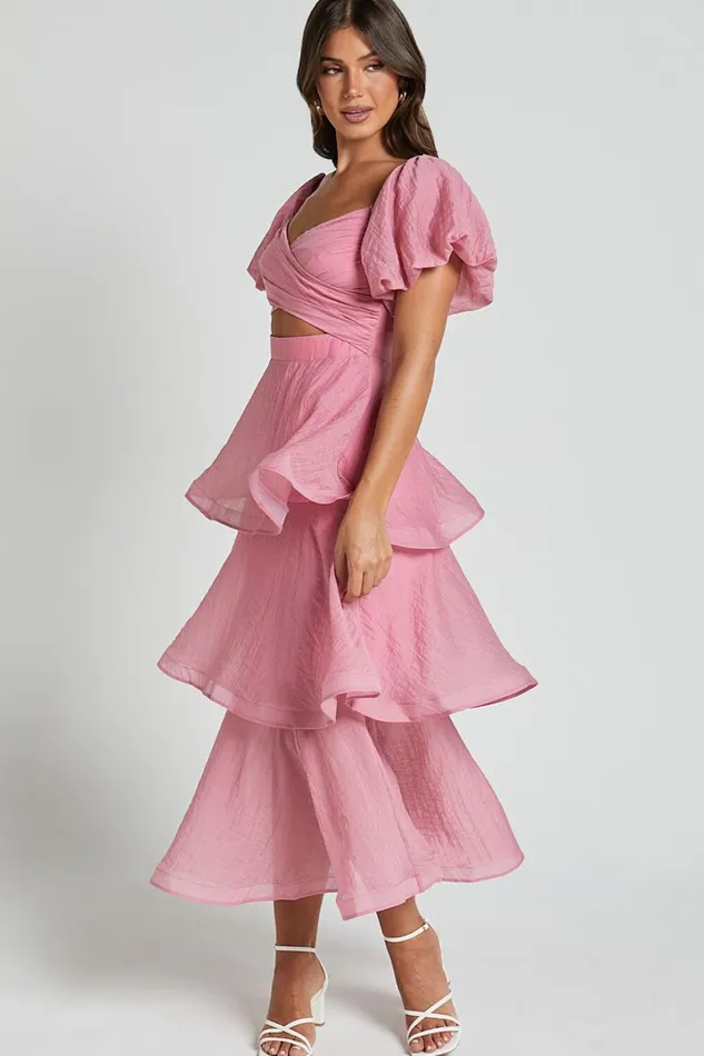 Giselle Midi Dress 8211 Short Puff Sleeve Front Cut Out Layered Dress In Pink Women Showpo Dresses