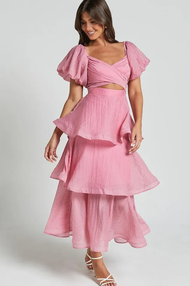 Giselle Midi Dress 8211 Short Puff Sleeve Front Cut Out Layered Dress In Pink Women Showpo Dresses