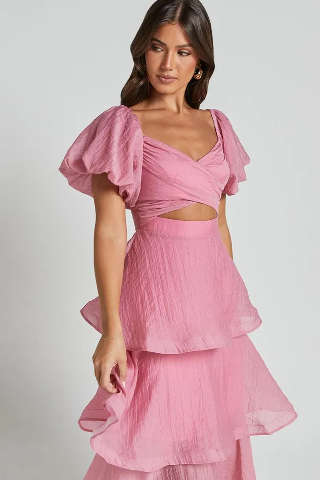 Giselle Midi Dress 8211 Short Puff Sleeve Front Cut Out Layered Dress In Pink Women Showpo Dresses